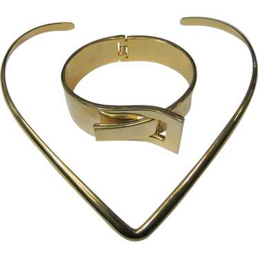 Modernist Shiny Goldtone Clamper Bracelet & Neckla