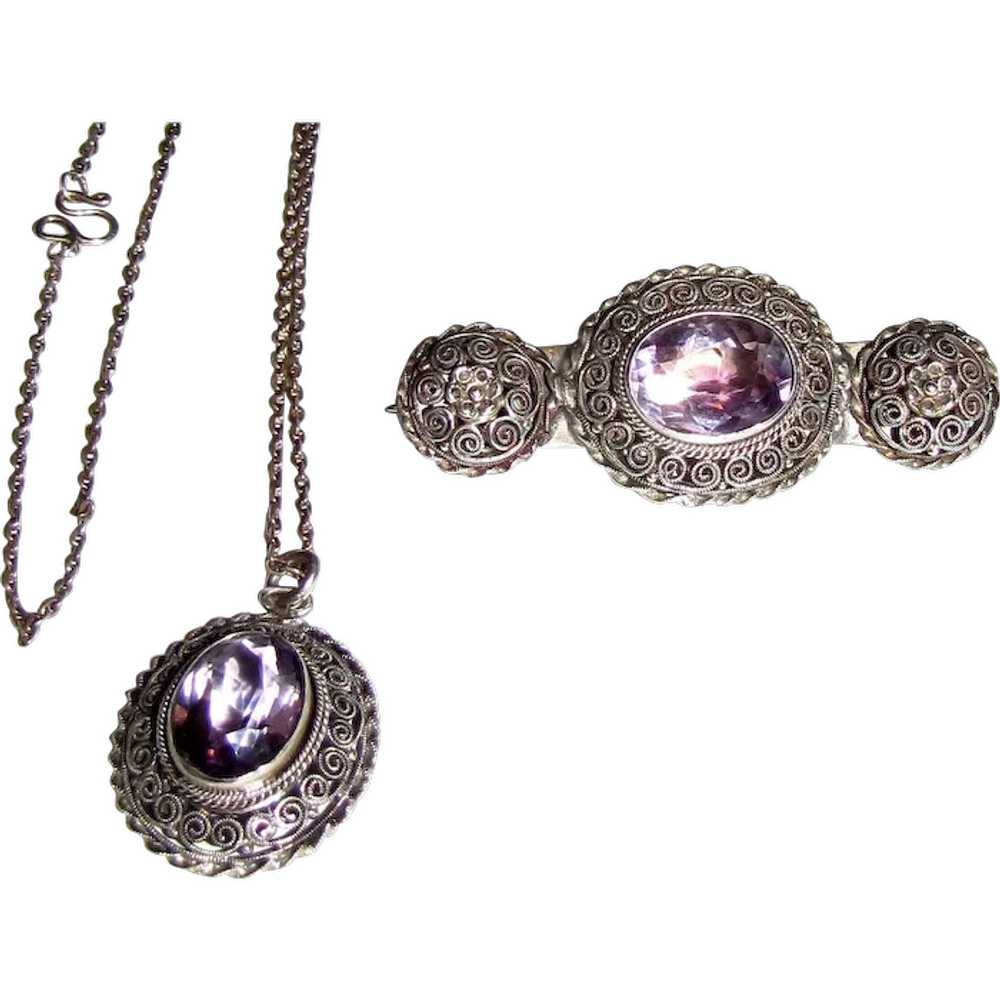 Sterling Cannetille Rose Amethyst Pin & Pendant S… - image 1