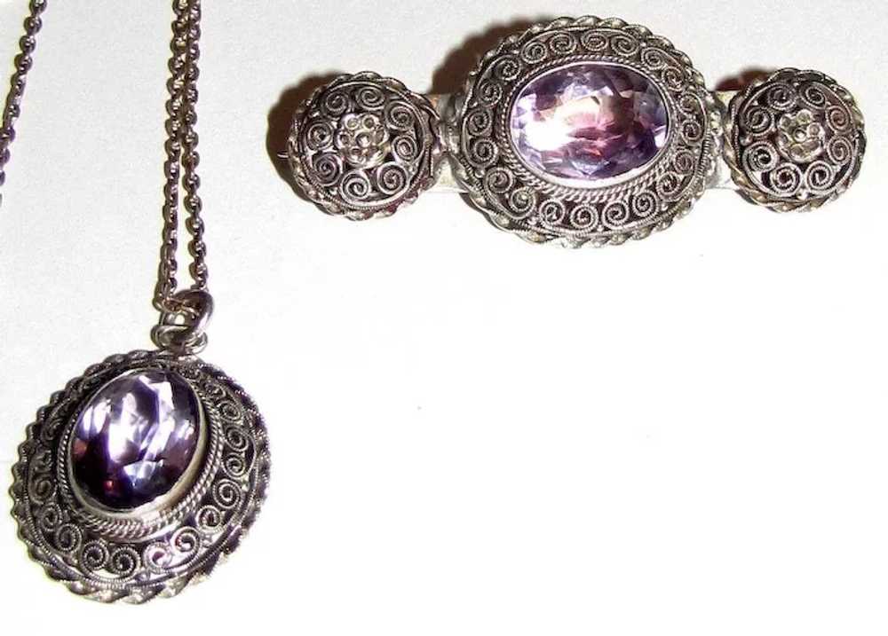 Sterling Cannetille Rose Amethyst Pin & Pendant S… - image 2