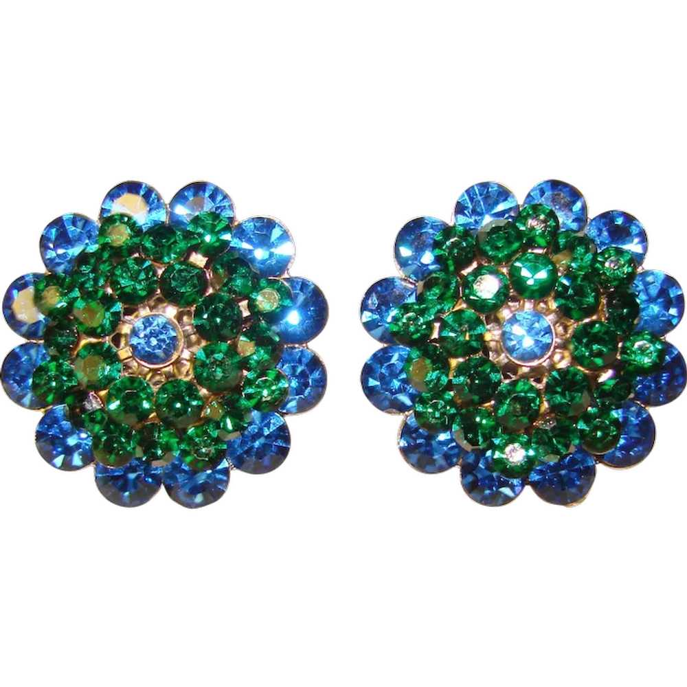 Fabulous BLUE & GREEN Rhinestone Vintage Clip Ear… - image 1