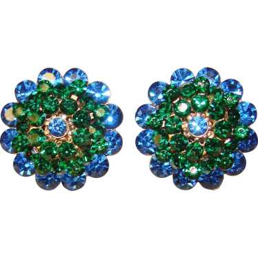 Fabulous BLUE & GREEN Rhinestone Vintage Clip Ear… - image 1