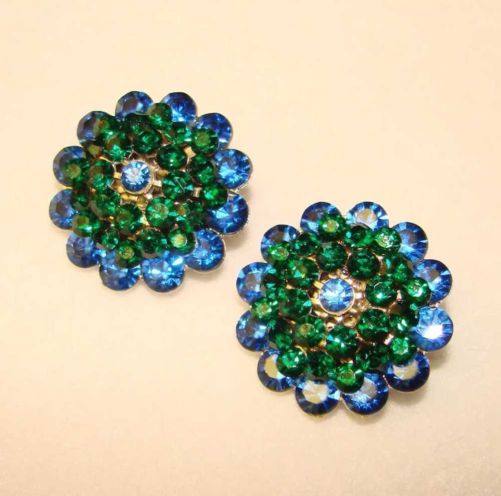 Fabulous BLUE & GREEN Rhinestone Vintage Clip Ear… - image 2