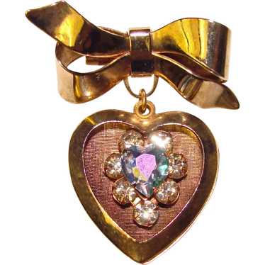 Gorgeous Vintage HEART Bow Rhinestone Dangle Brooc