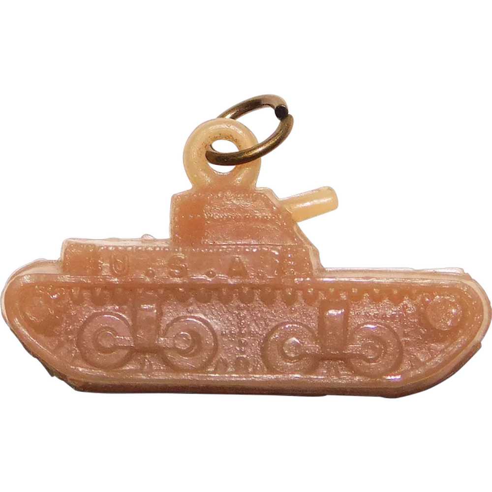 Vintage Celluloid TANK Estate Charm - Military Sw… - image 1