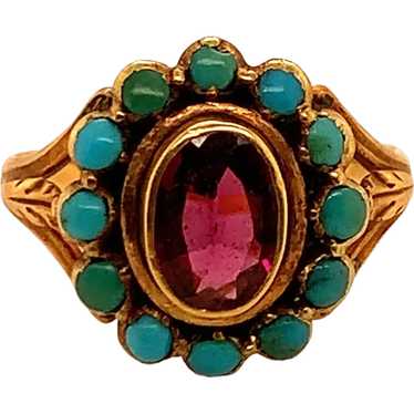 Victorian 14K Yellow Gold Garnet and Turquoise Rin