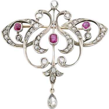 Edwardian 18K & Silver Diamond Ruby Brooch