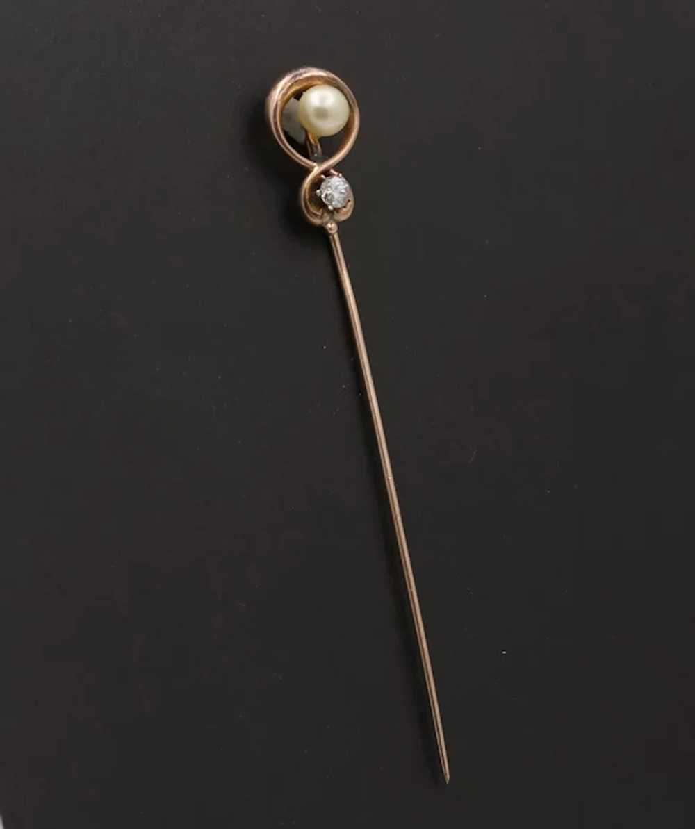 Victorian Diamond Pearl 14K Yellow Gold Stick Pin - image 3