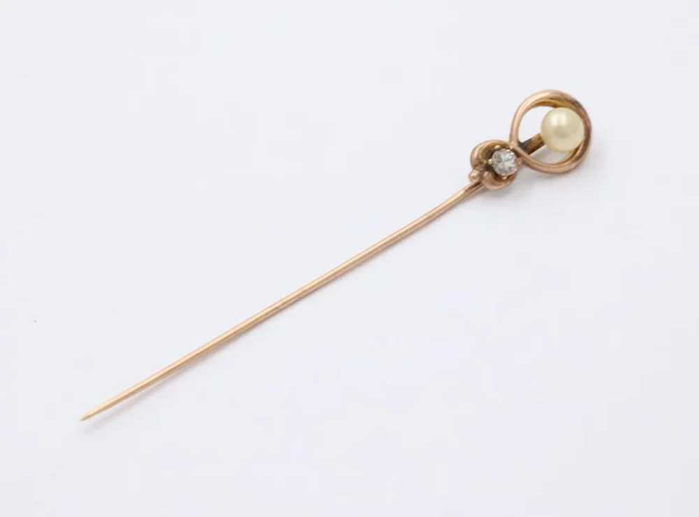 Victorian Diamond Pearl 14K Yellow Gold Stick Pin - image 5