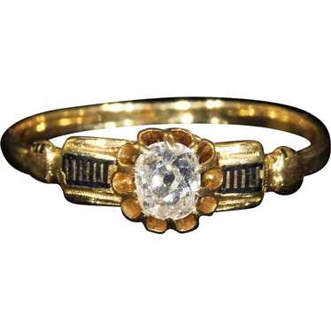 Antique French Gold Diamond Black Enamel Ring