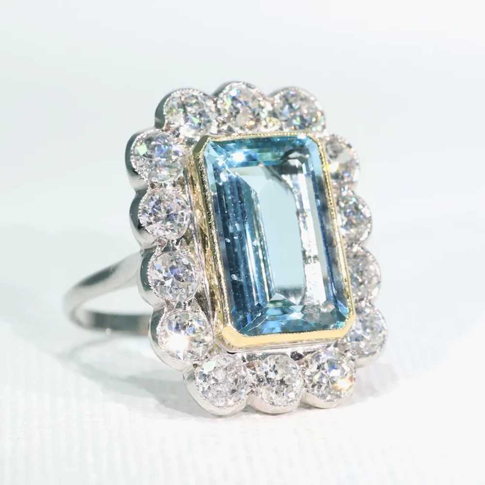 Vintage Art Deco Aquamarine Diamond Cluster Ring … - image 4