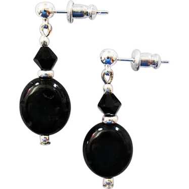 STRIKING Black Czech Art Glass Earrings, RARE 1960