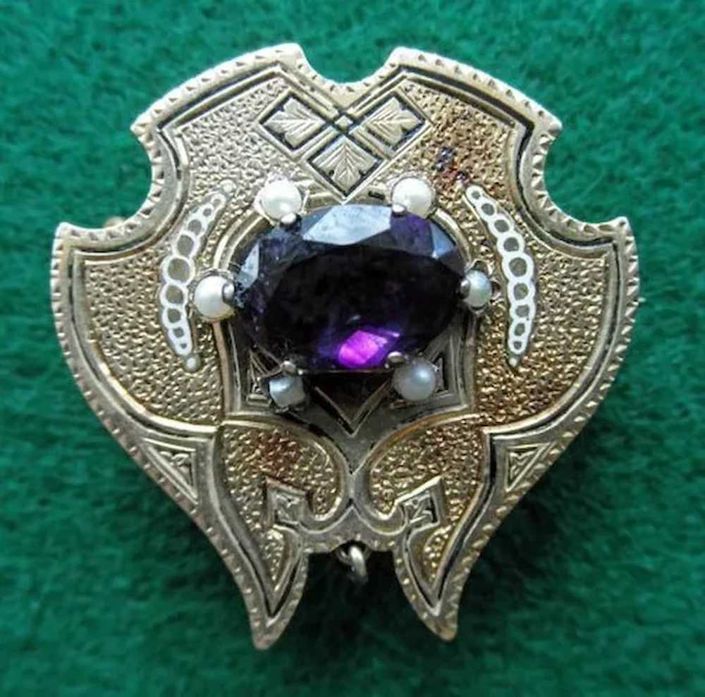 Victorian 14K Brooch / Watch Pin Amethyst Seed Pe… - image 1