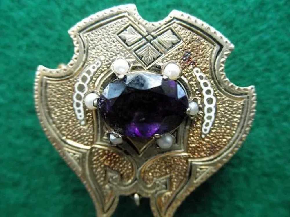 Victorian 14K Brooch / Watch Pin Amethyst Seed Pe… - image 3