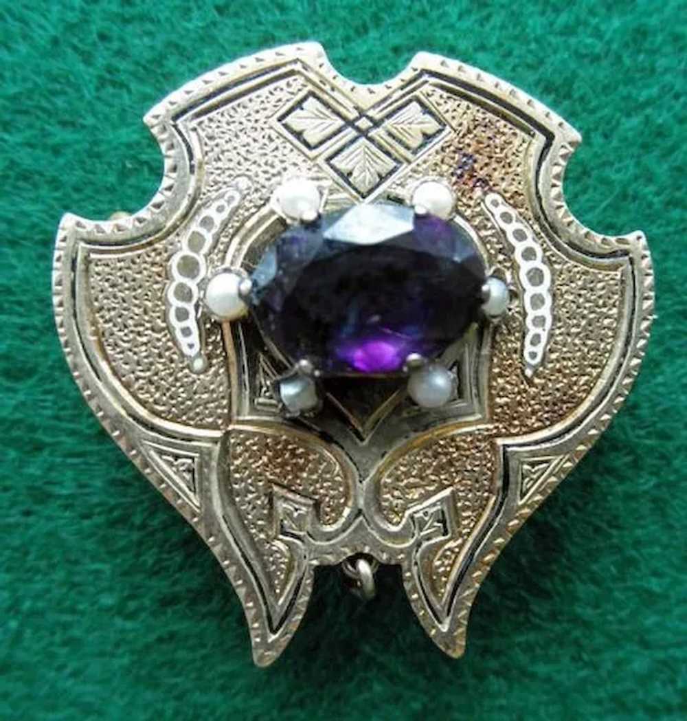 Victorian 14K Brooch / Watch Pin Amethyst Seed Pe… - image 4