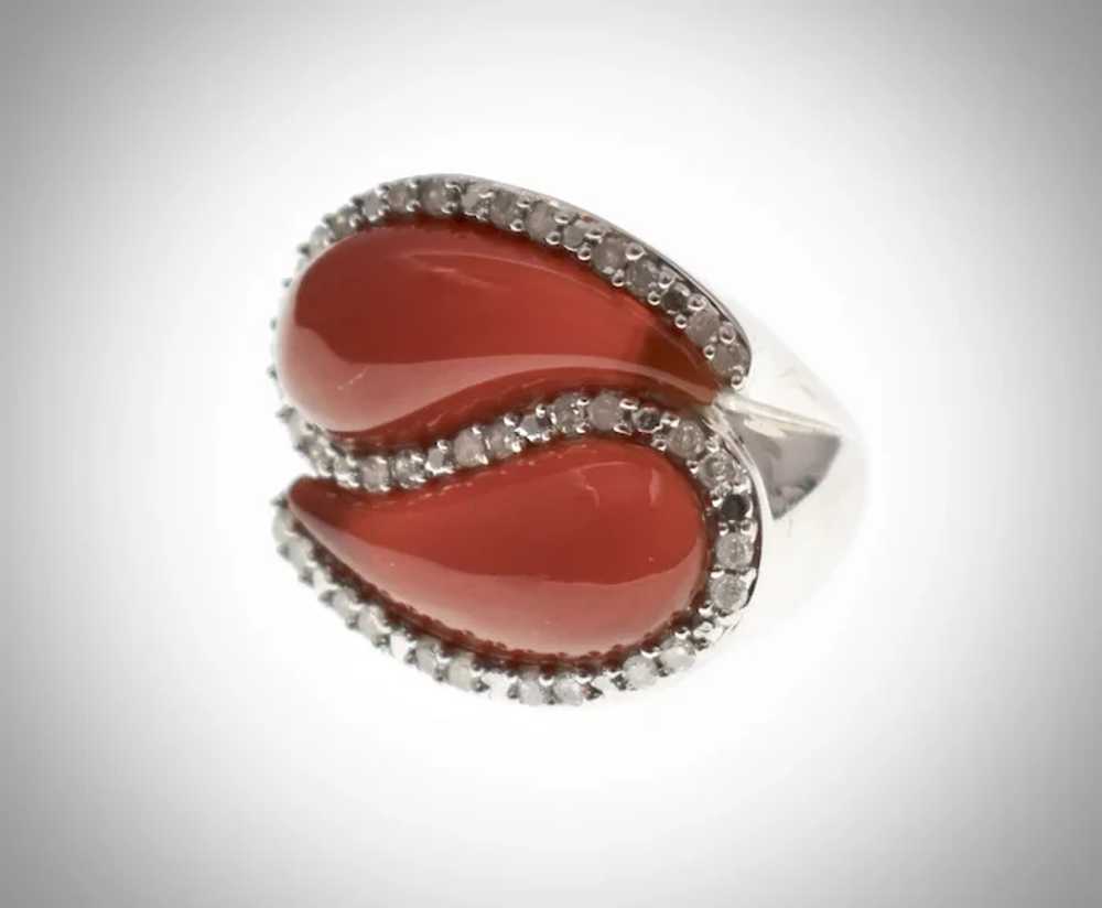 Signed 10K White Gold Yin Yang Style Carnelian & … - image 2