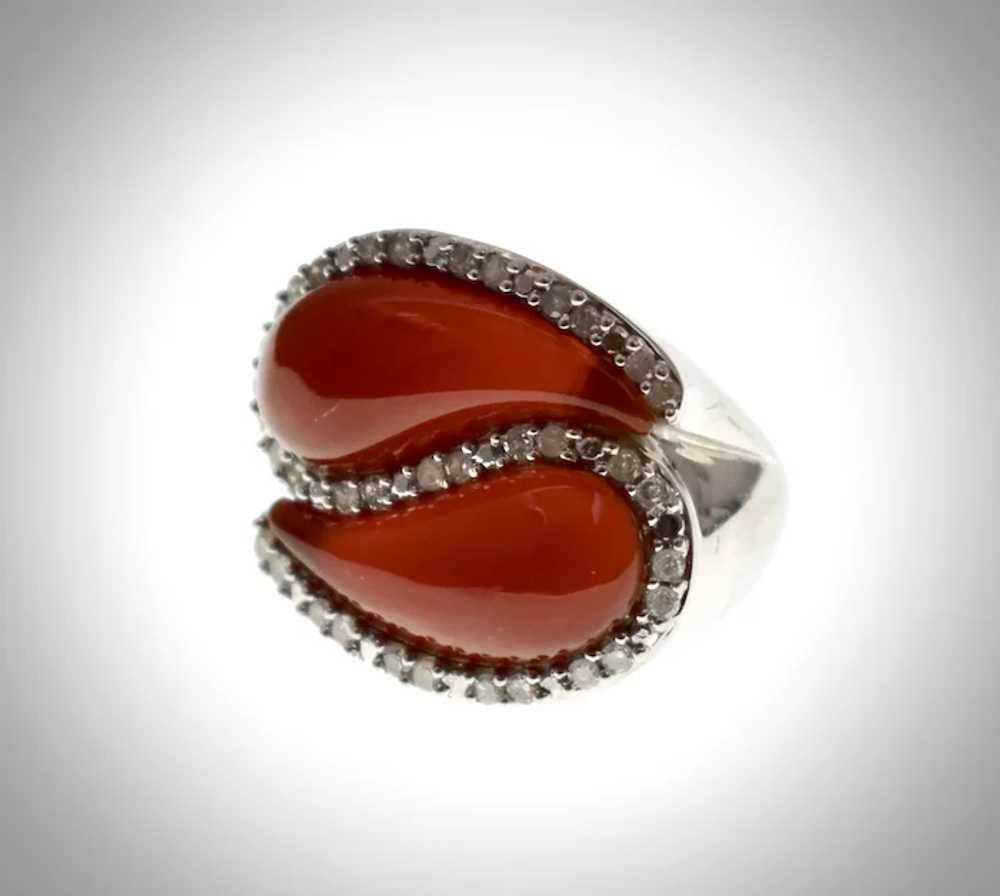 Signed 10K White Gold Yin Yang Style Carnelian & … - image 3