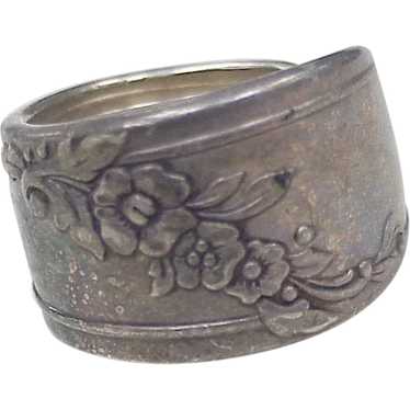 Vintage Wide Floral Sterling Silver Spoon Ring, S… - image 1