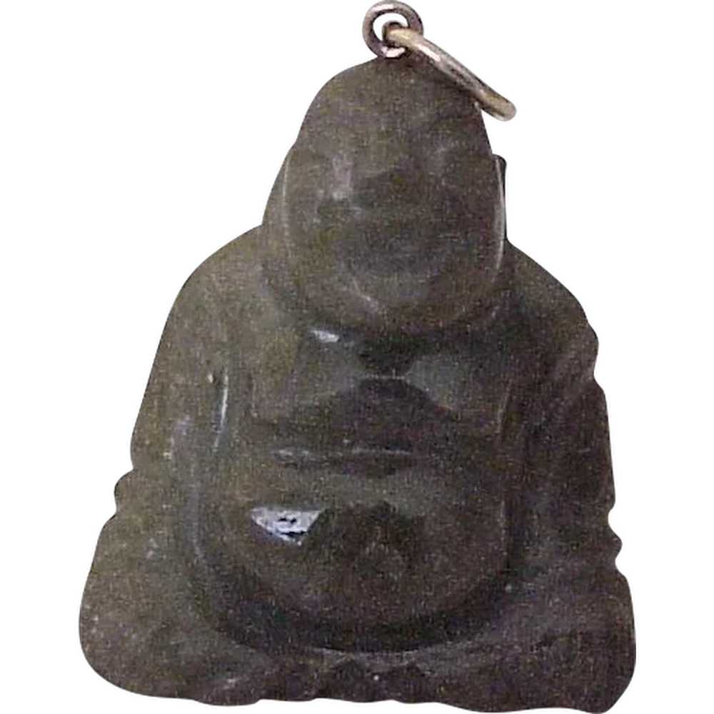 Carved Jade Laughing Buddha Vintage Charm 14k Gol… - image 1