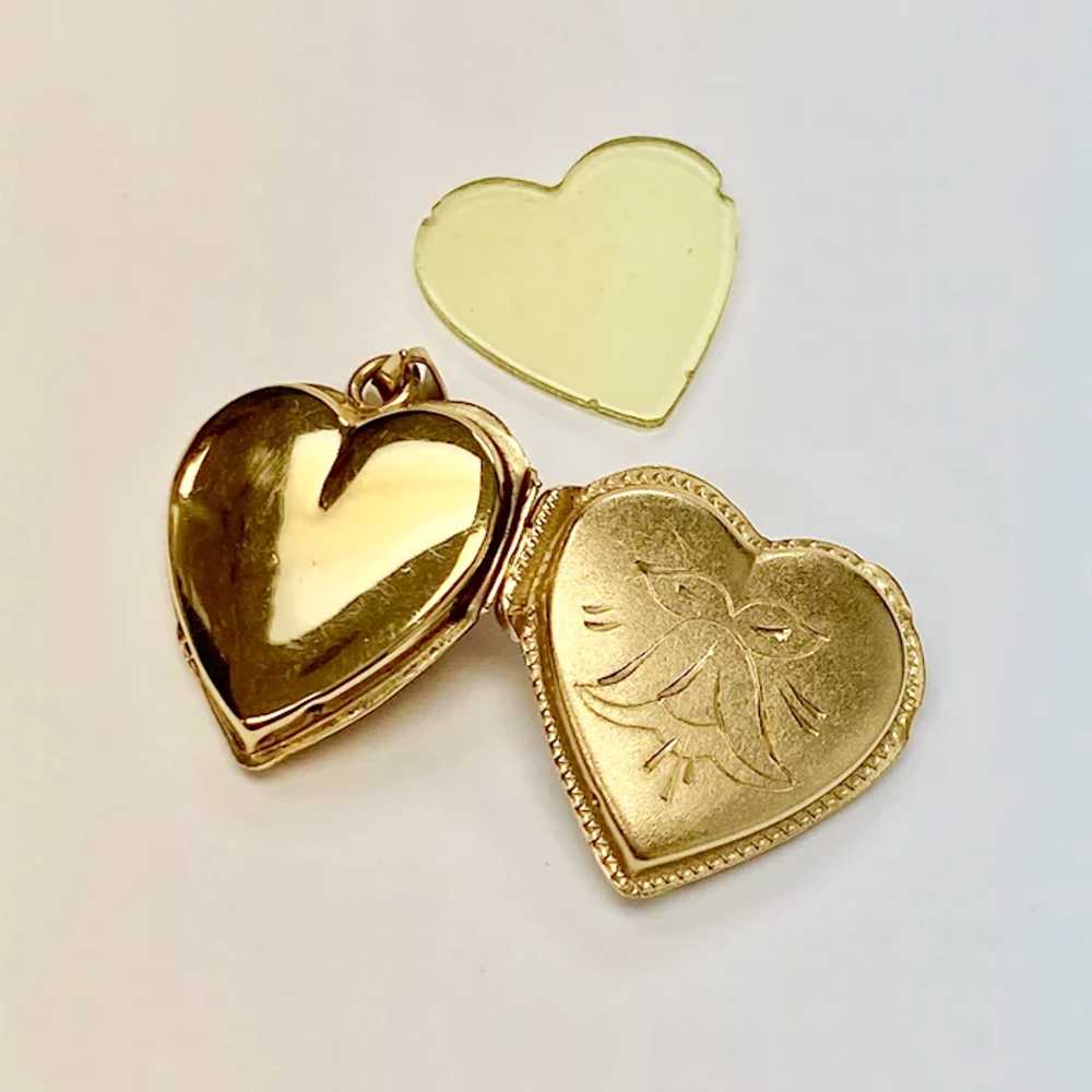 Heart Locket Pendant / Charm 14K Gold Floral Engr… - image 2