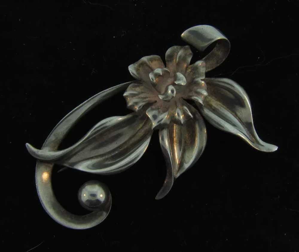 Marked Sterling large heavy floral Brooch - image 2