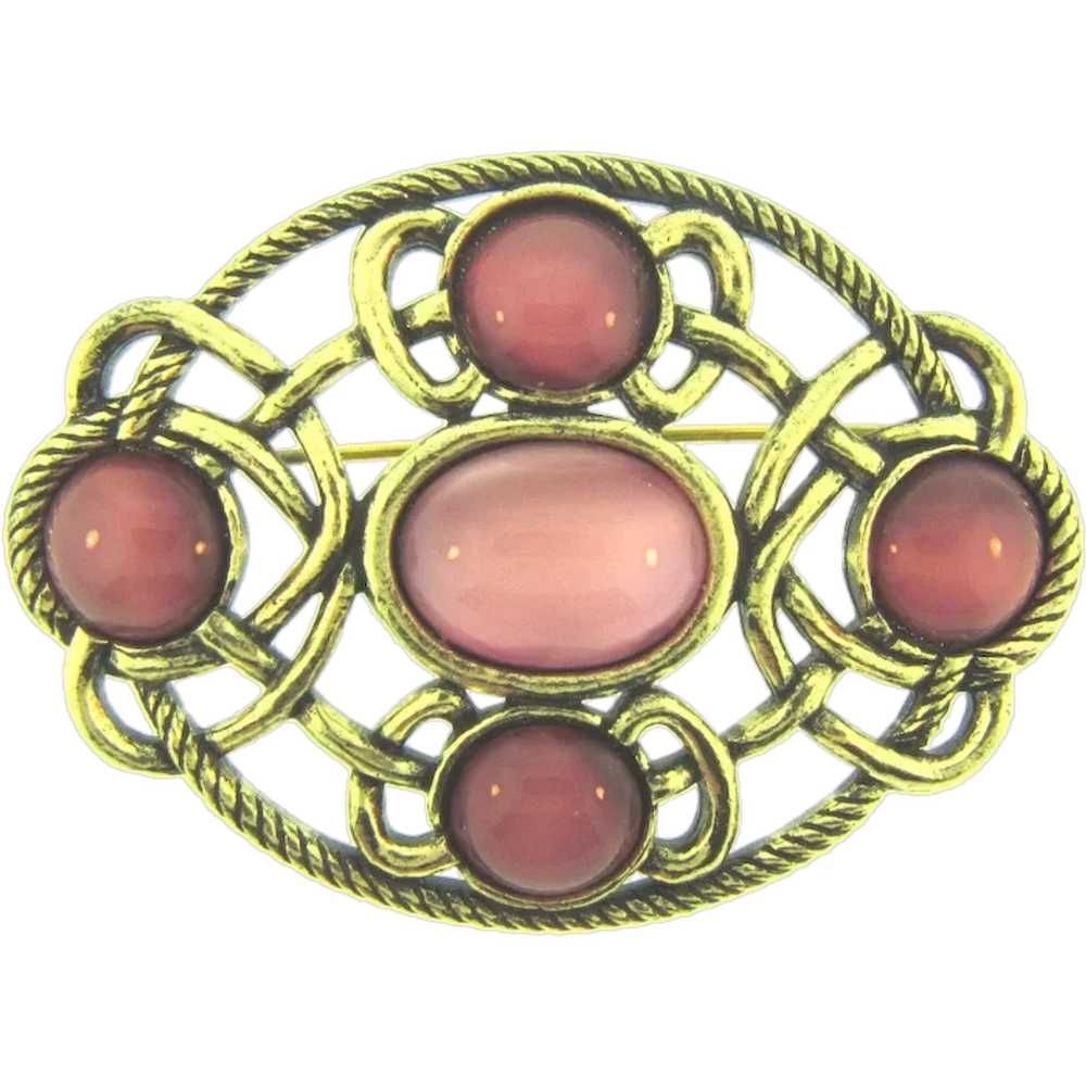 Signed Miracle vintage Celtic Brooch with pink gl… - image 1