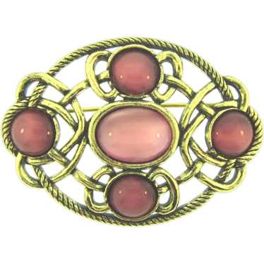 Signed Miracle vintage Celtic Brooch with pink gl… - image 1