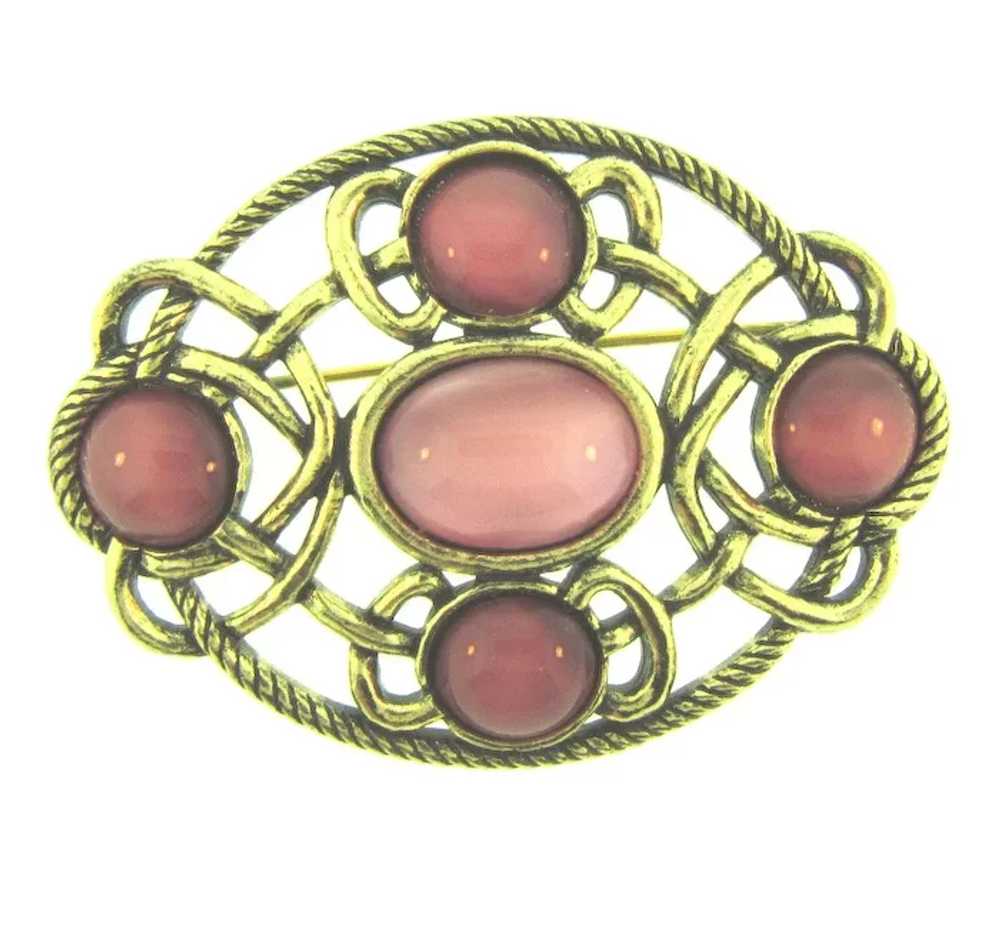 Signed Miracle vintage Celtic Brooch with pink gl… - image 4