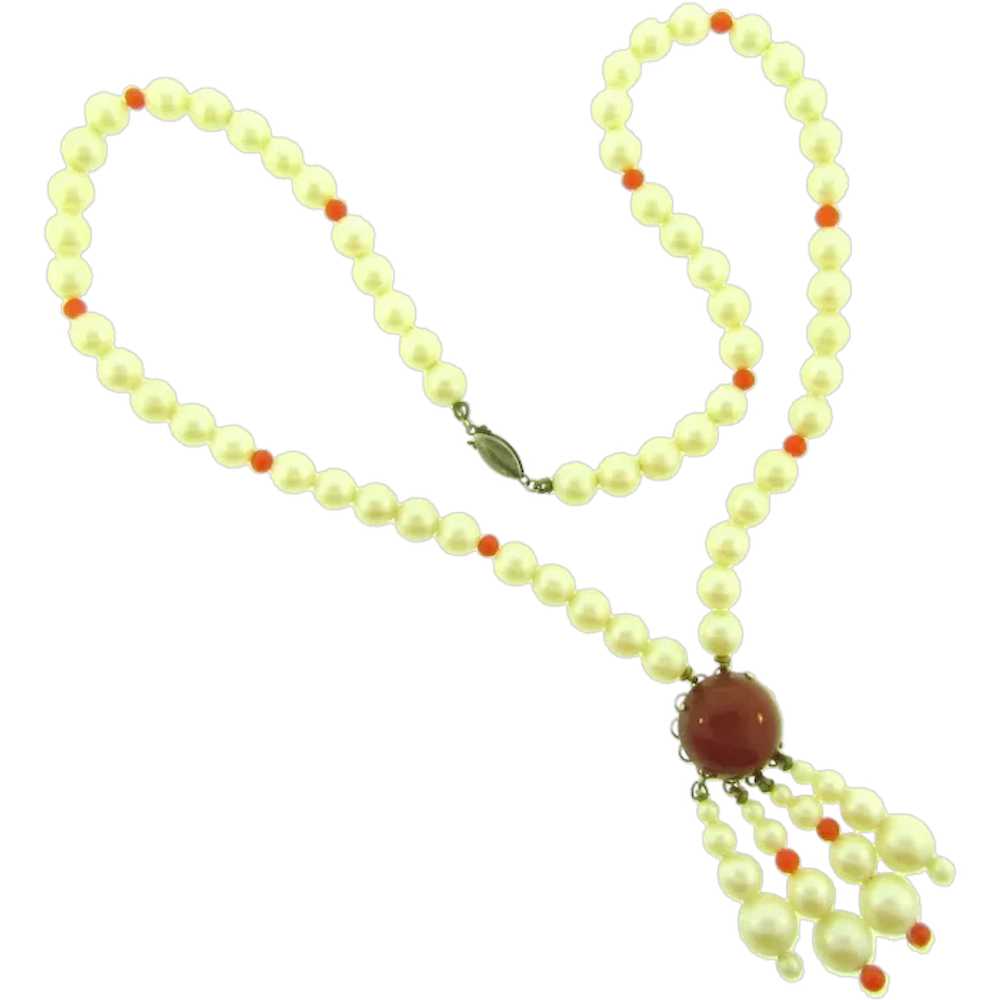 Signed Triad faux pearl Necklace with carnelian c… - image 1