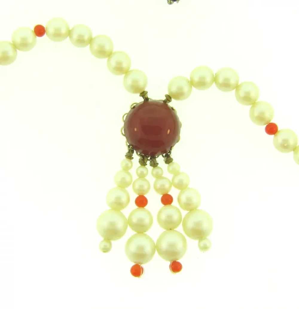 Signed Triad faux pearl Necklace with carnelian c… - image 2