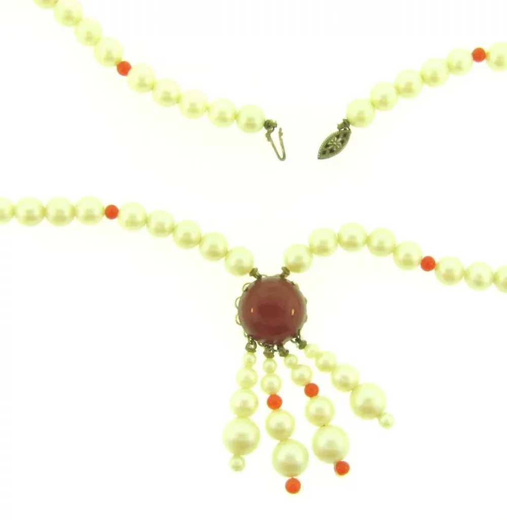 Signed Triad faux pearl Necklace with carnelian c… - image 3