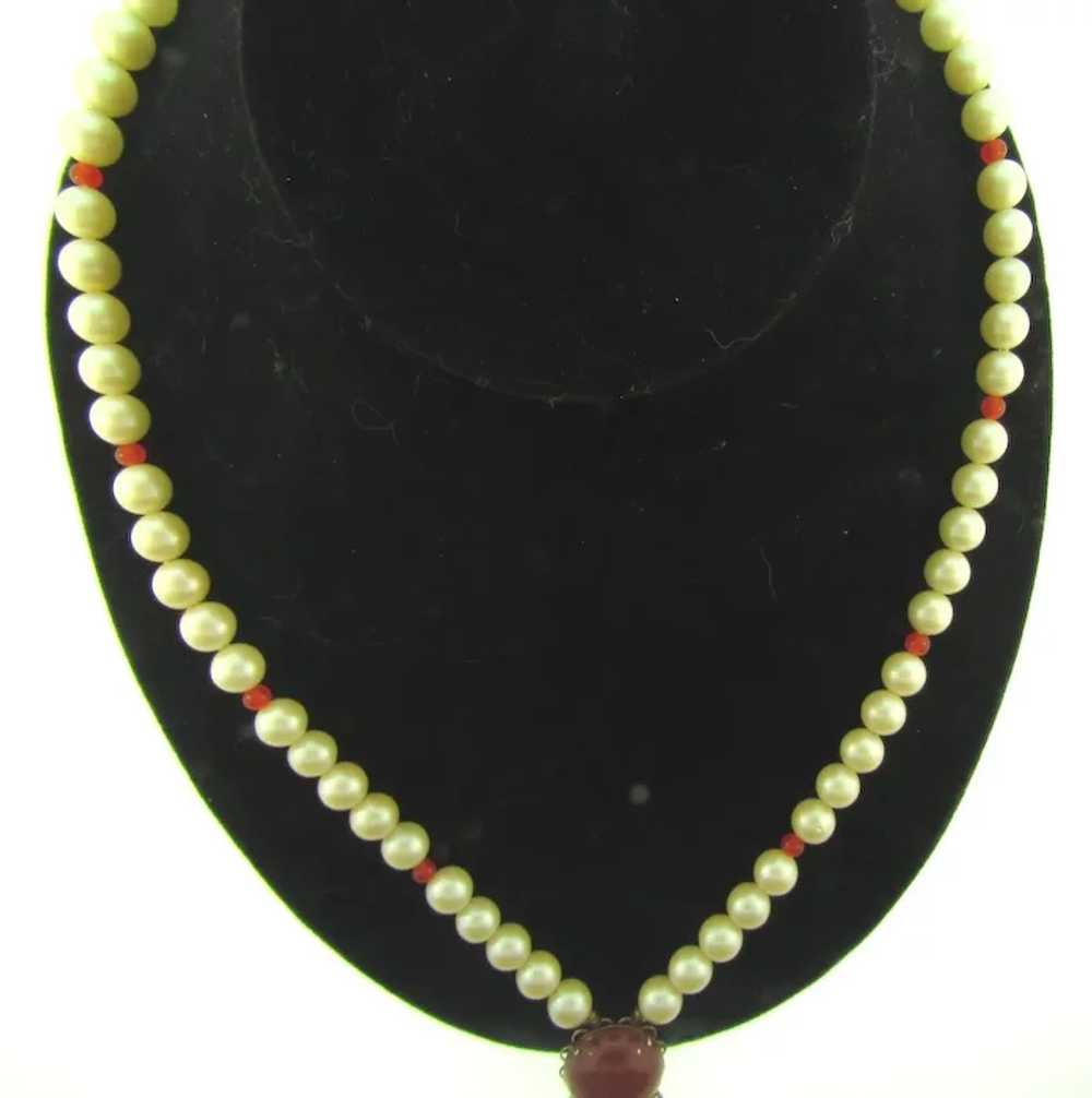 Signed Triad faux pearl Necklace with carnelian c… - image 4