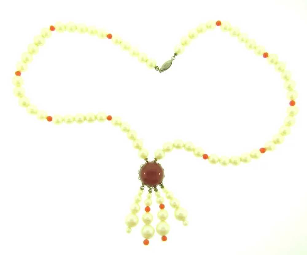 Signed Triad faux pearl Necklace with carnelian c… - image 6