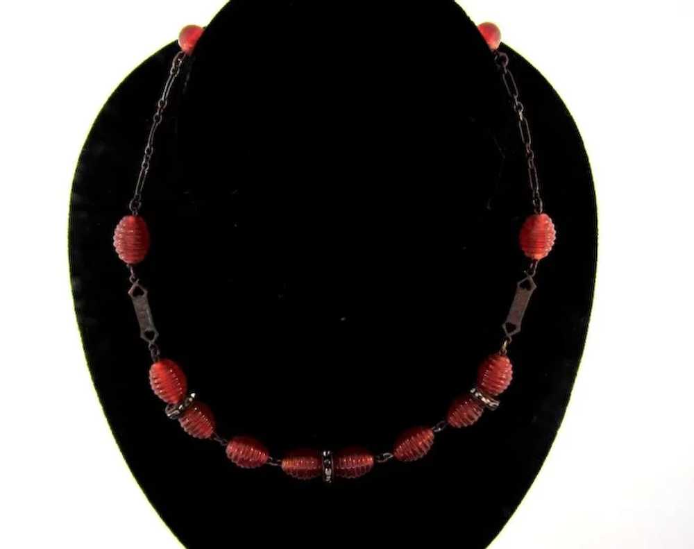 Early choker Necklace with ribbed beads and marca… - image 2