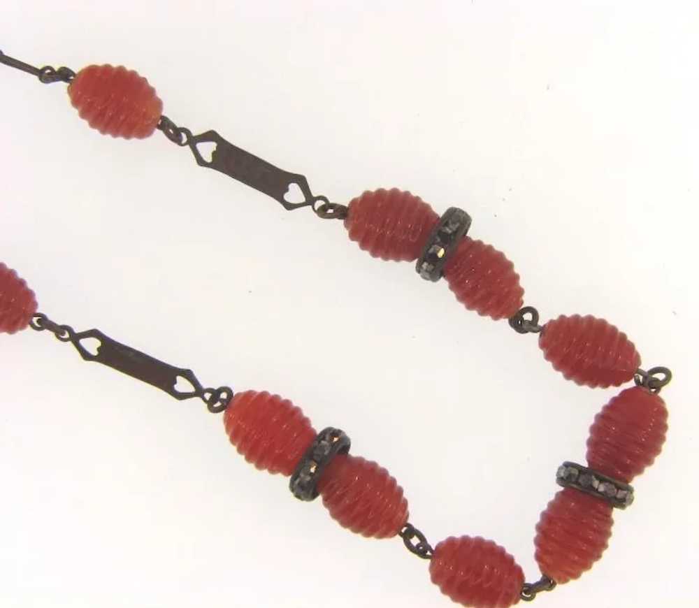 Early choker Necklace with ribbed beads and marca… - image 3