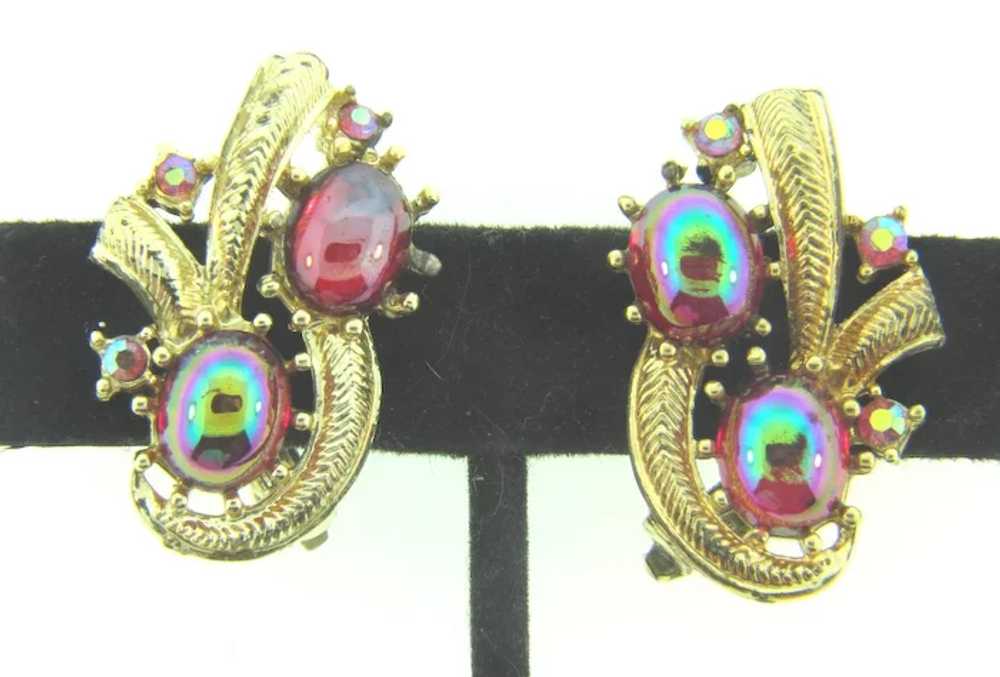 Vintage clip back 1960's Earrings with iridescent… - image 2