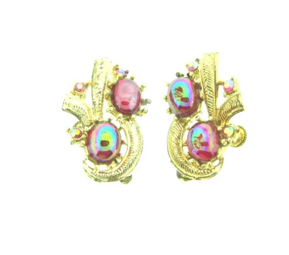 Vintage clip back 1960's Earrings with iridescent… - image 6