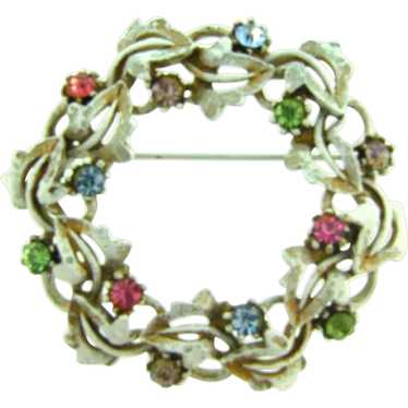 Signed ART wreath Brooch with enamel and rhinesto… - image 1