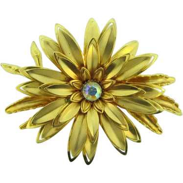 Vintage large floral gold tone Brooch with AB rhi… - image 1