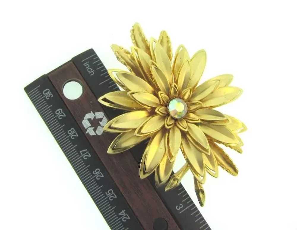 Vintage large floral gold tone Brooch with AB rhi… - image 3