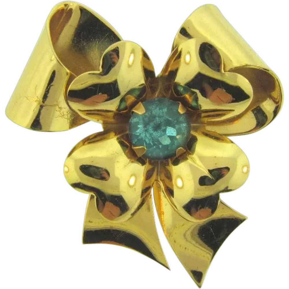Signed Coro 1940's flower Brooch with center blue… - image 1
