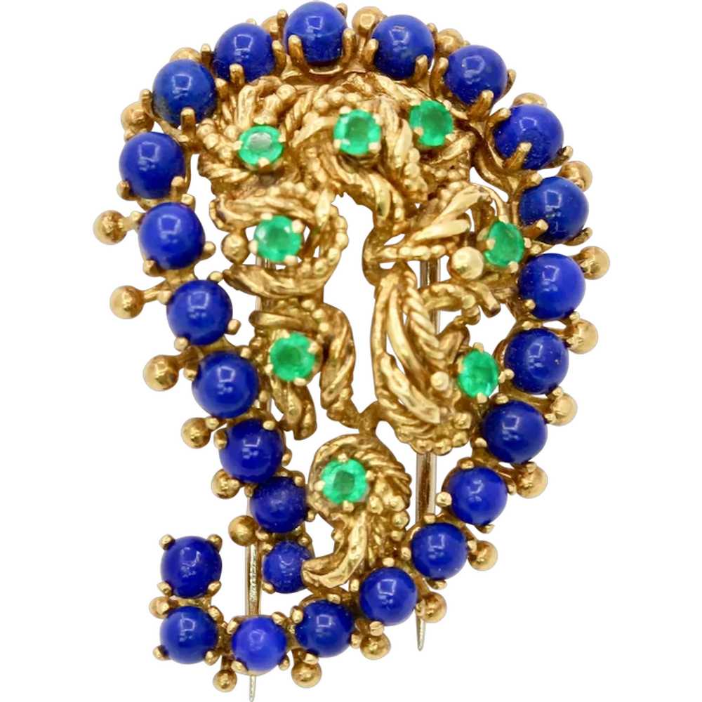 Vintage 18K Gold Lapis Lazuli and Emerald Paisley… - image 1