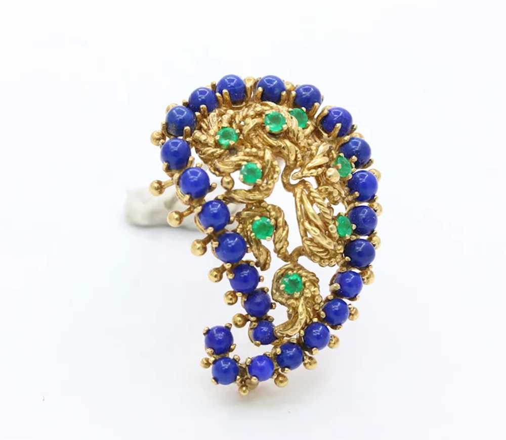 Vintage 18K Gold Lapis Lazuli and Emerald Paisley… - image 2