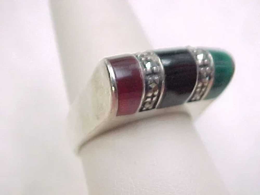 Vintage Sterling Silver Inlay Onyx, Agate and Mar… - image 2