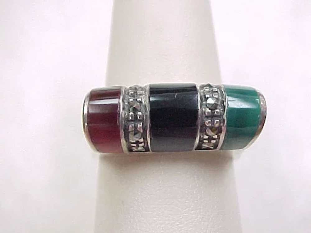 Vintage Sterling Silver Inlay Onyx, Agate and Mar… - image 4