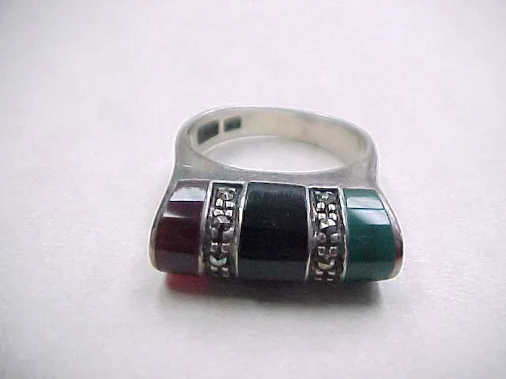 Vintage Sterling Silver Inlay Onyx, Agate and Mar… - image 7