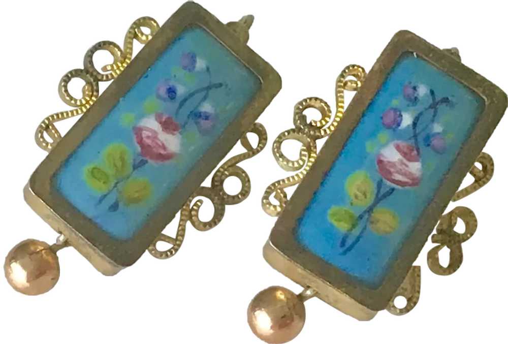 Early Victorian Earrings Pinchbeck Colorful Enamel - image 1