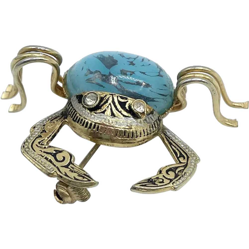 Vintage Spain Damascene Crab Rhinestone Blue Broo… - image 1