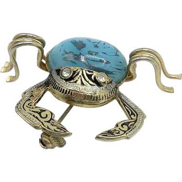 Vintage Spain Damascene Crab Rhinestone Blue Broo… - image 1