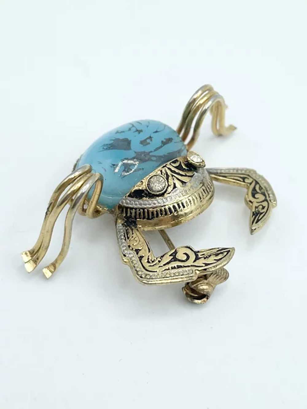 Vintage Spain Damascene Crab Rhinestone Blue Broo… - image 2