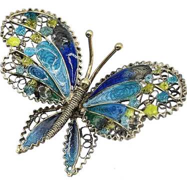 Estate Guilloche Enamel Butterfly Filigree Vintag… - image 1